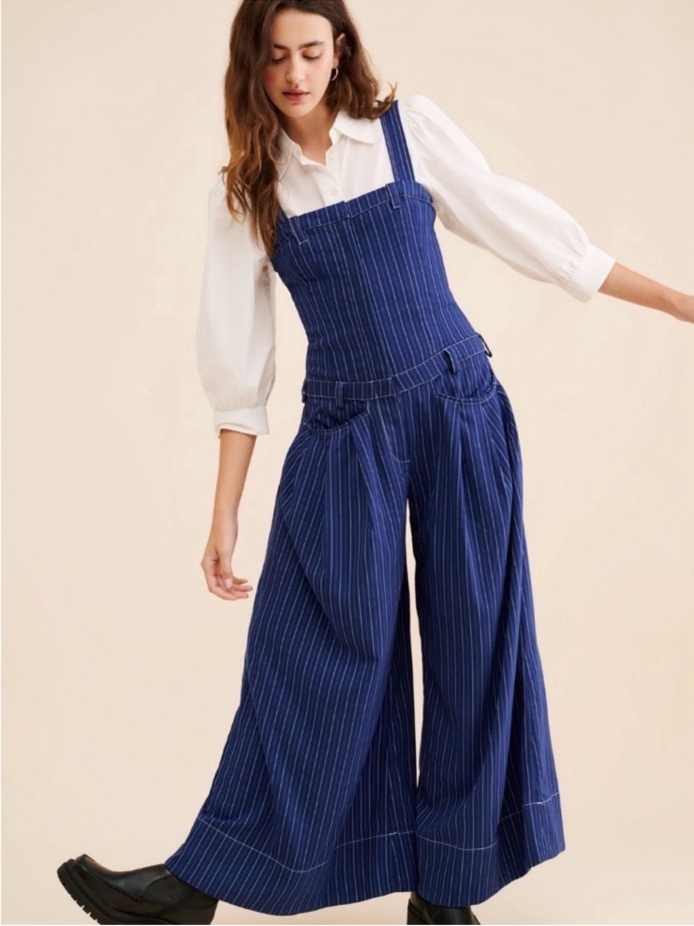 Free People Flores Wide-Leg Pinstripe Jumpsuit Overalls in Navy